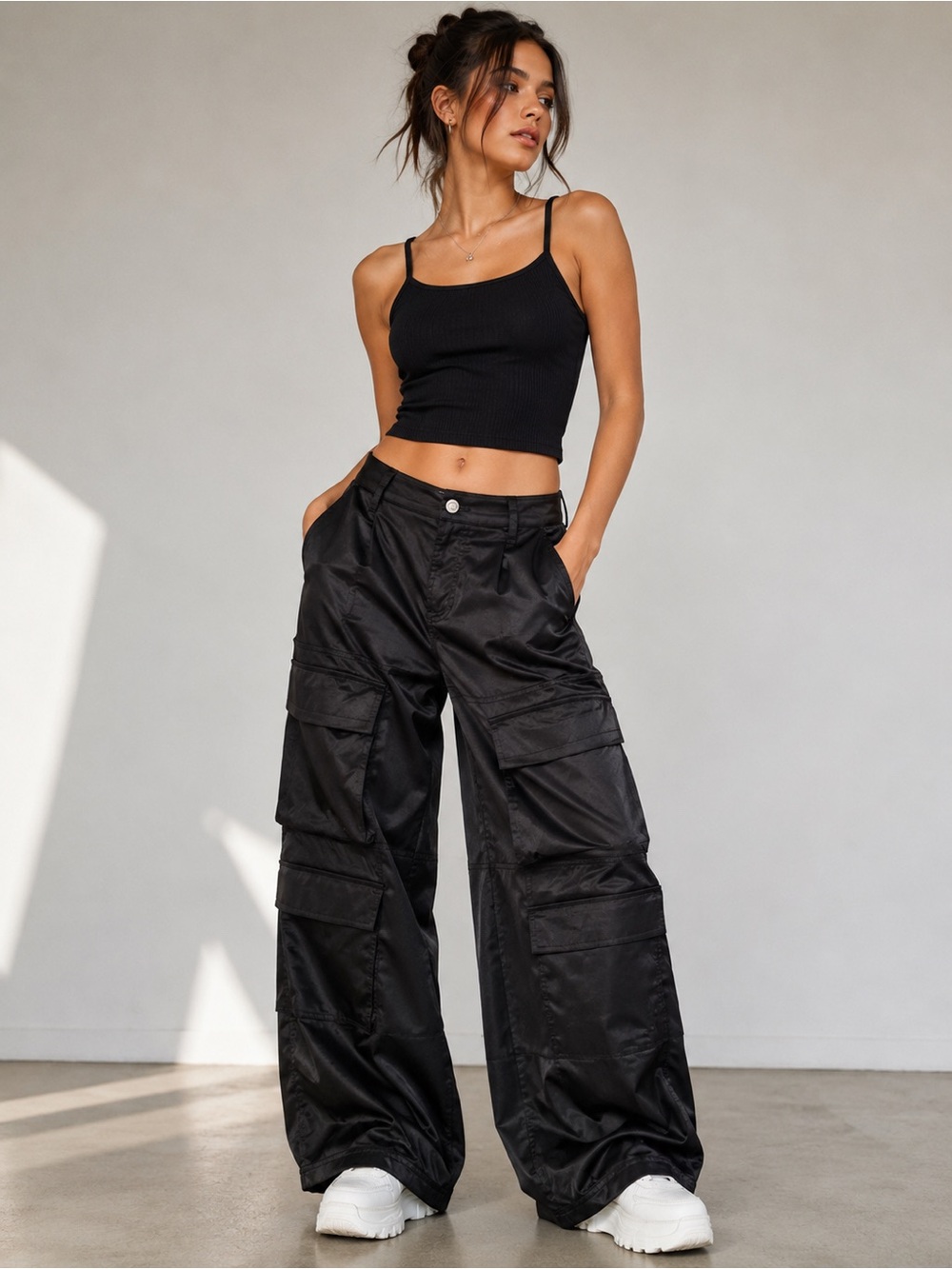 Forever 21 Small Black Wide Leg Cargo Utility Pants Y2K Satin